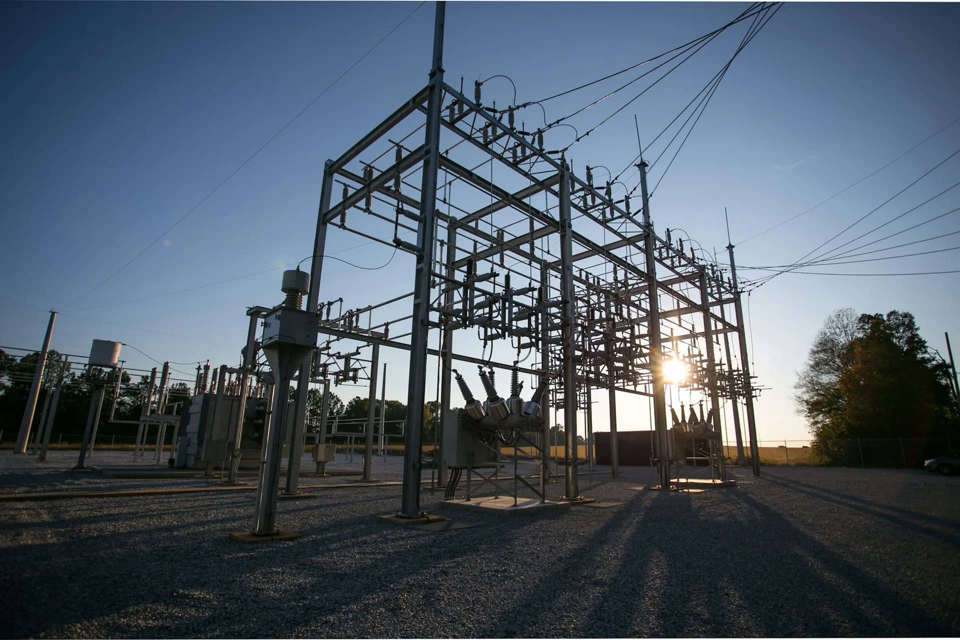 Medium voltage distribution substation at sunset